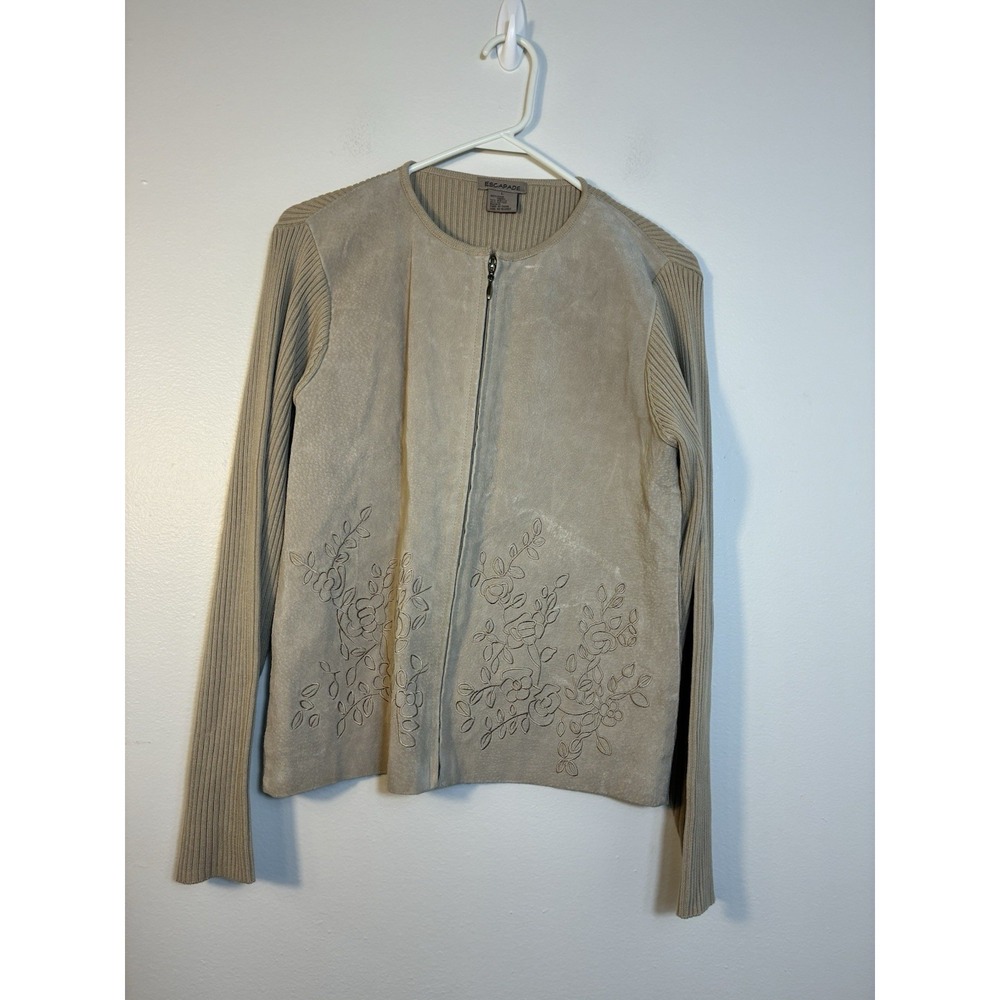 Escapade Full‎ Zip Sweater Women's Large Beige 100% Suade Front Embroidered Vntg